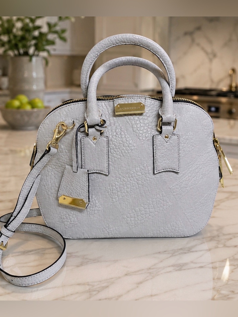 Burberry Pebbled 2-Way Leather Satchel in Light Gray with Gold Hardware - Picture 16 of 16